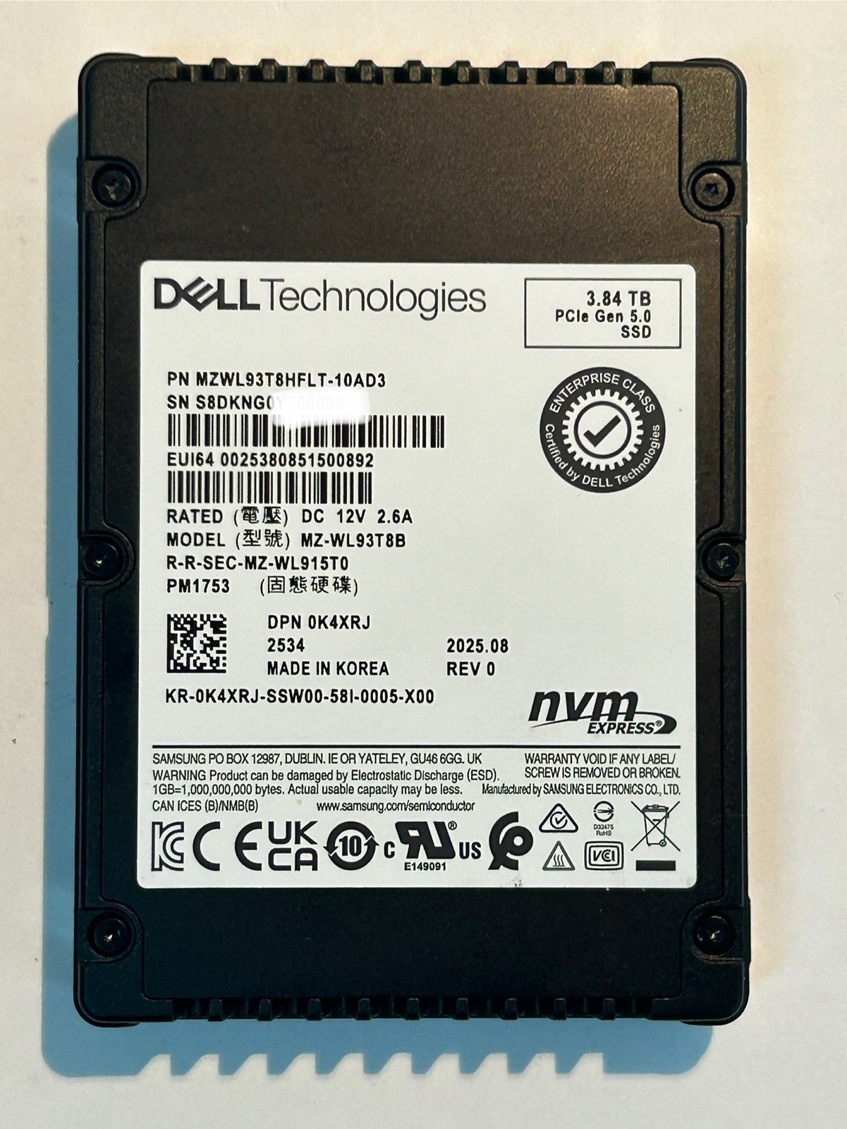 Dell 0K4XRJ 3.84TB PCIe Gen 5.0 SSD MZWL93T8HFLTAD3 PM1753 - 100% Life