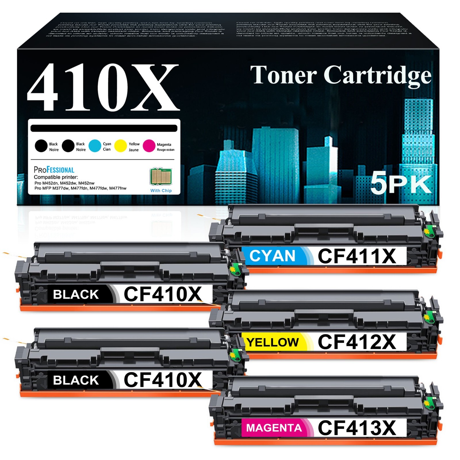 High Yield 410A 410X Toner for HP M477 M452 Series Printers (5-Pack, C/M/Y/K)