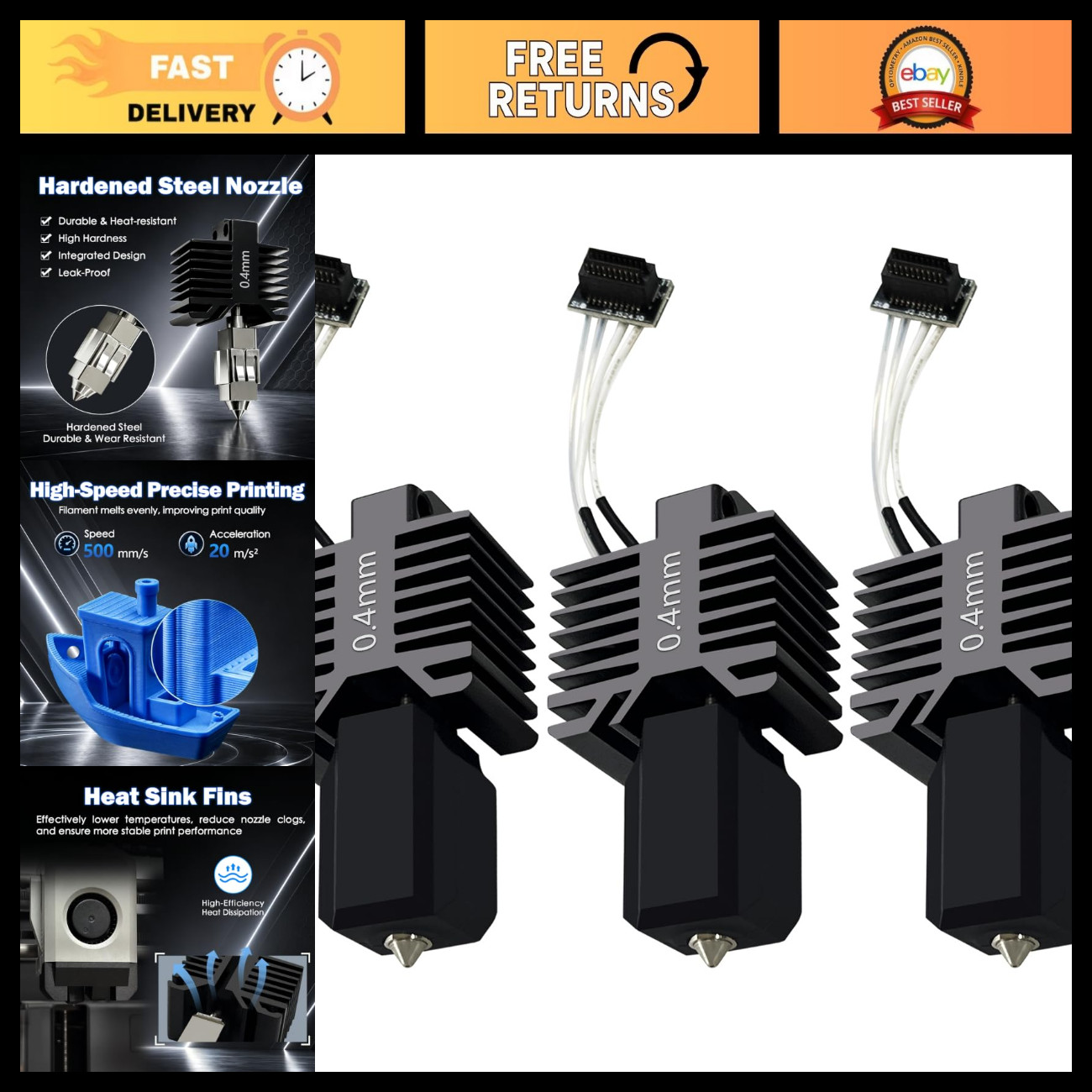 Upgraded 3 PCS Hotend Kit with 0.4MM Hardened Steel Nozzle for 3D Printers