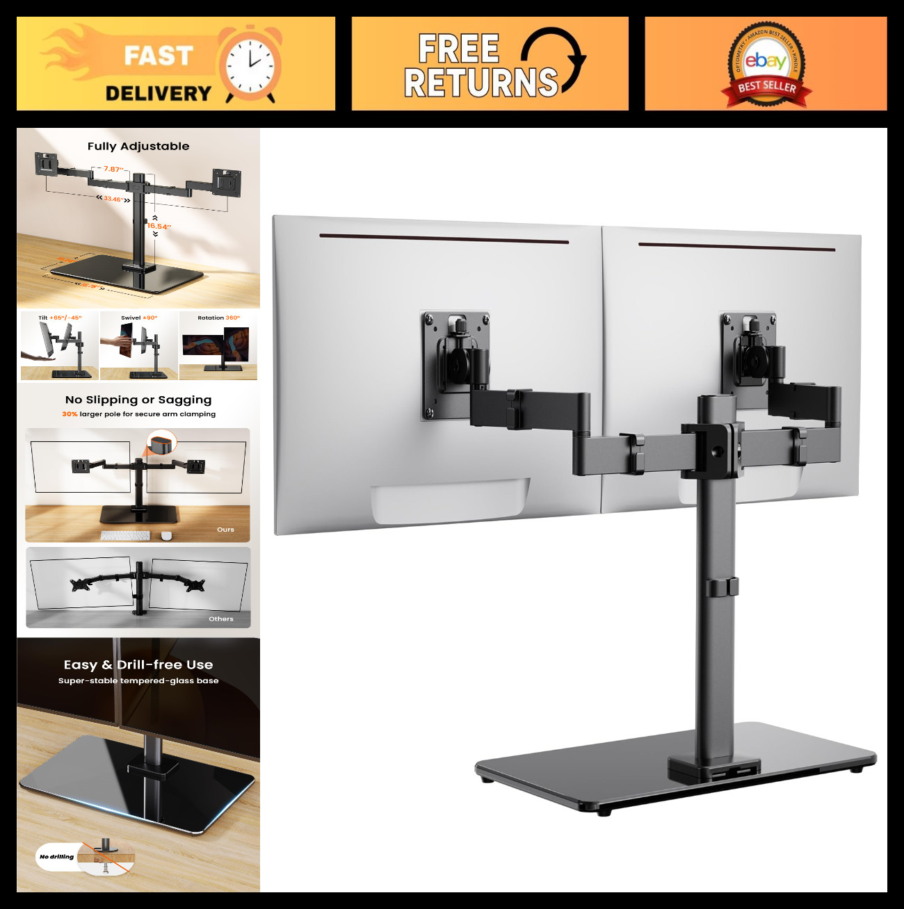 Dual Monitor Stand for 17-32" Screens, VESA Mount, Freestanding Arm with Glass B