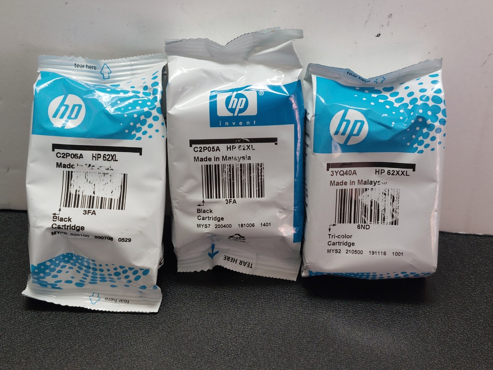 HP-62XL BLACK/62XXL & TRI-COLOR XL 3YQ41A C2P07A New Sealed Ink Cartridges Lot 3