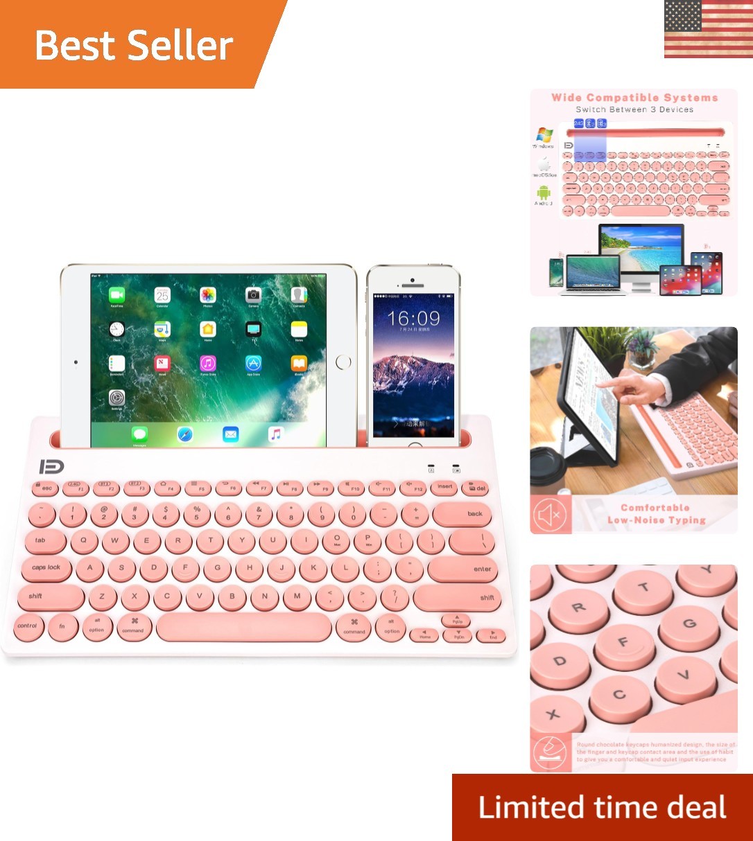 Whisper-Quiet Portable Pink Bluetooth Keyboard with 20m Range for Versatile Use