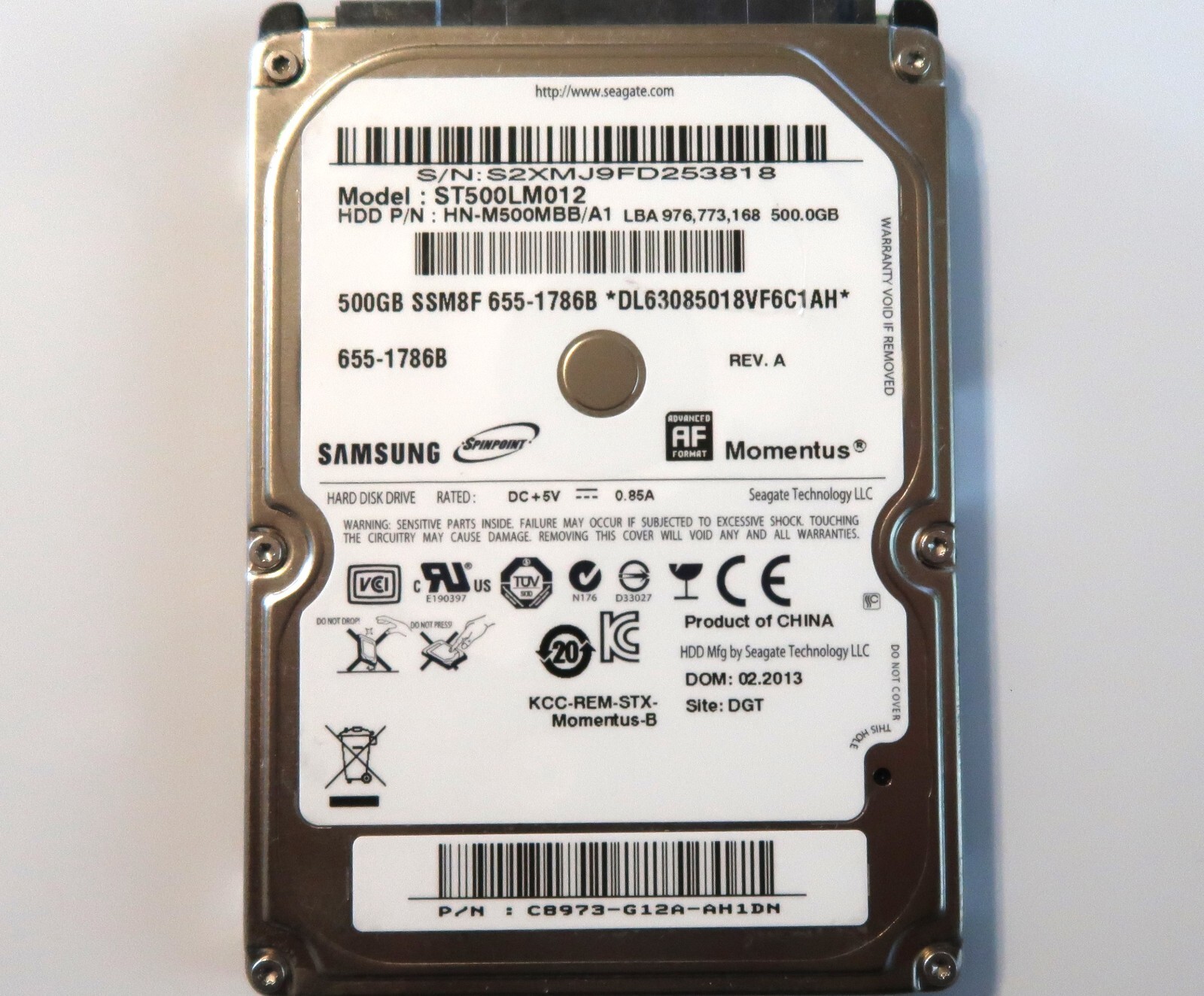 Samsung ST500LM012 HN-M500MBB/A1 (S2XM) DGT C8973-G12A 2.5" 500gb Sata 2013