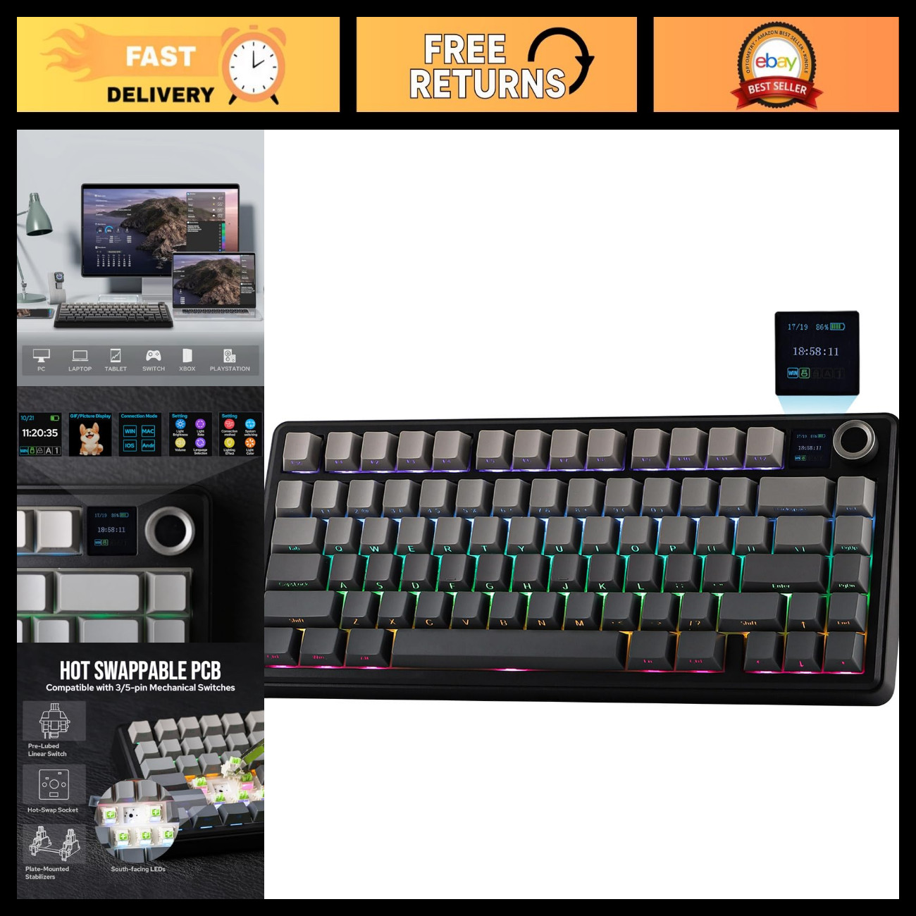 Wireless Mechanical Gaming Keyboard, 75% Layout, TFT Screen, Hot Swappable, RGB