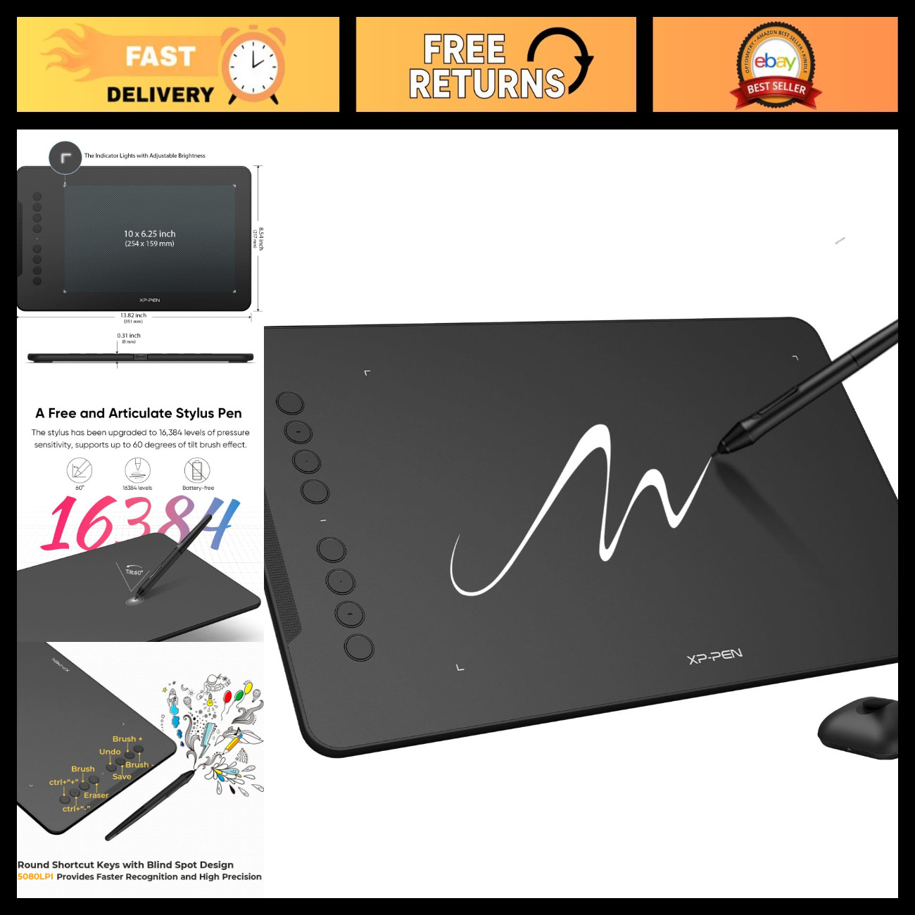 10x6 Drawing Tablet with 16K Battery-Free Stylus & 8 Customizable Keys