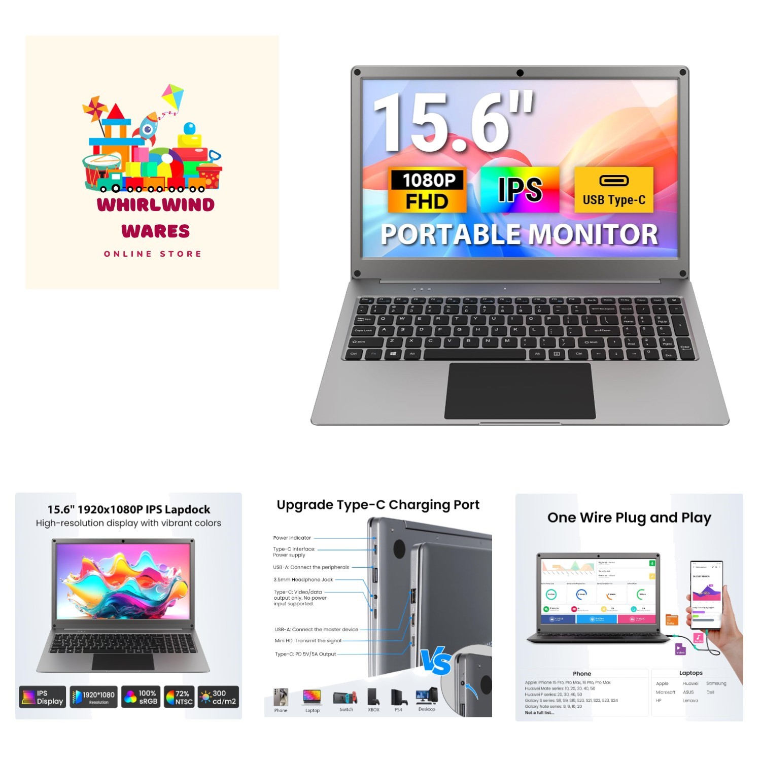 All-in-One 15.6" Portable Monitor: 1080P IPS Screen with Keyboard & Touchpad