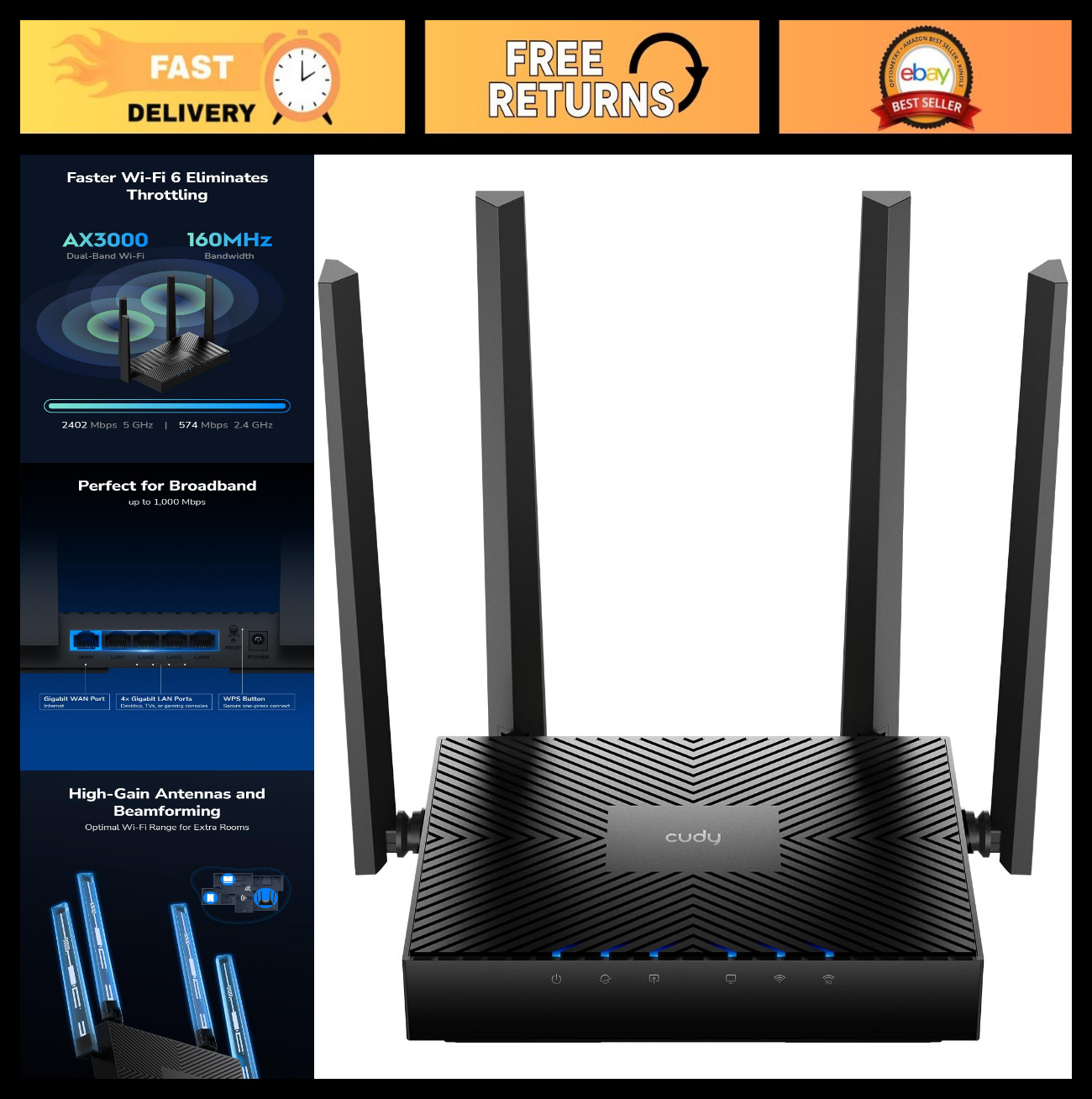 Gigabit Mesh Wi-Fi 6 Router AX3000, 5X GbE Ports, VPN, Covers 1400 sq.ft
