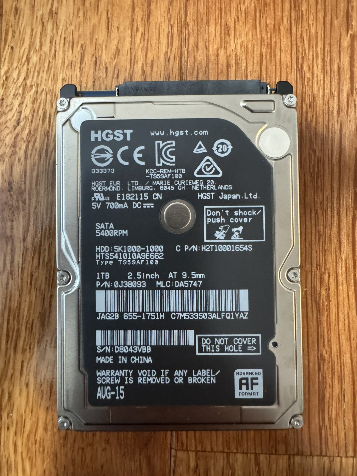 HGST Hitachi 1TB  2.5” HDD SATA, 5400RPM Internal Hard Drive, 0J38093 USED