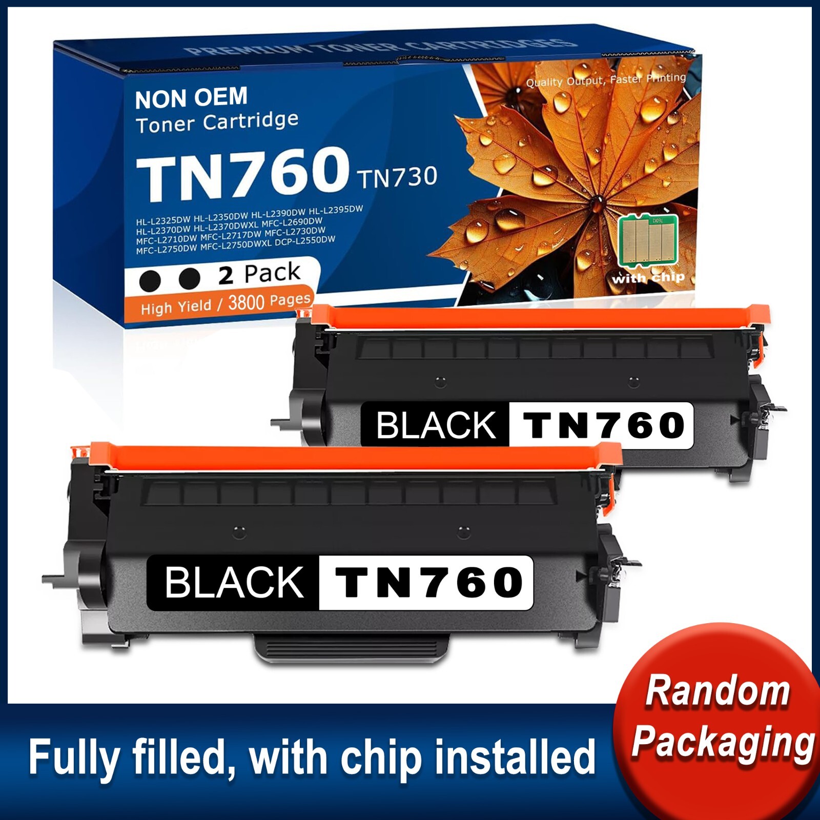 TN760 2PK 2BK High Yield Toner Cartridge for HL-L2350DW HL-L2370DW MFC-L2710DW