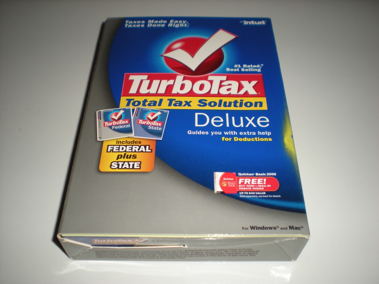 Turbotax 2005 Deluxe + state.  New in box.  Genuine but blemished package.
