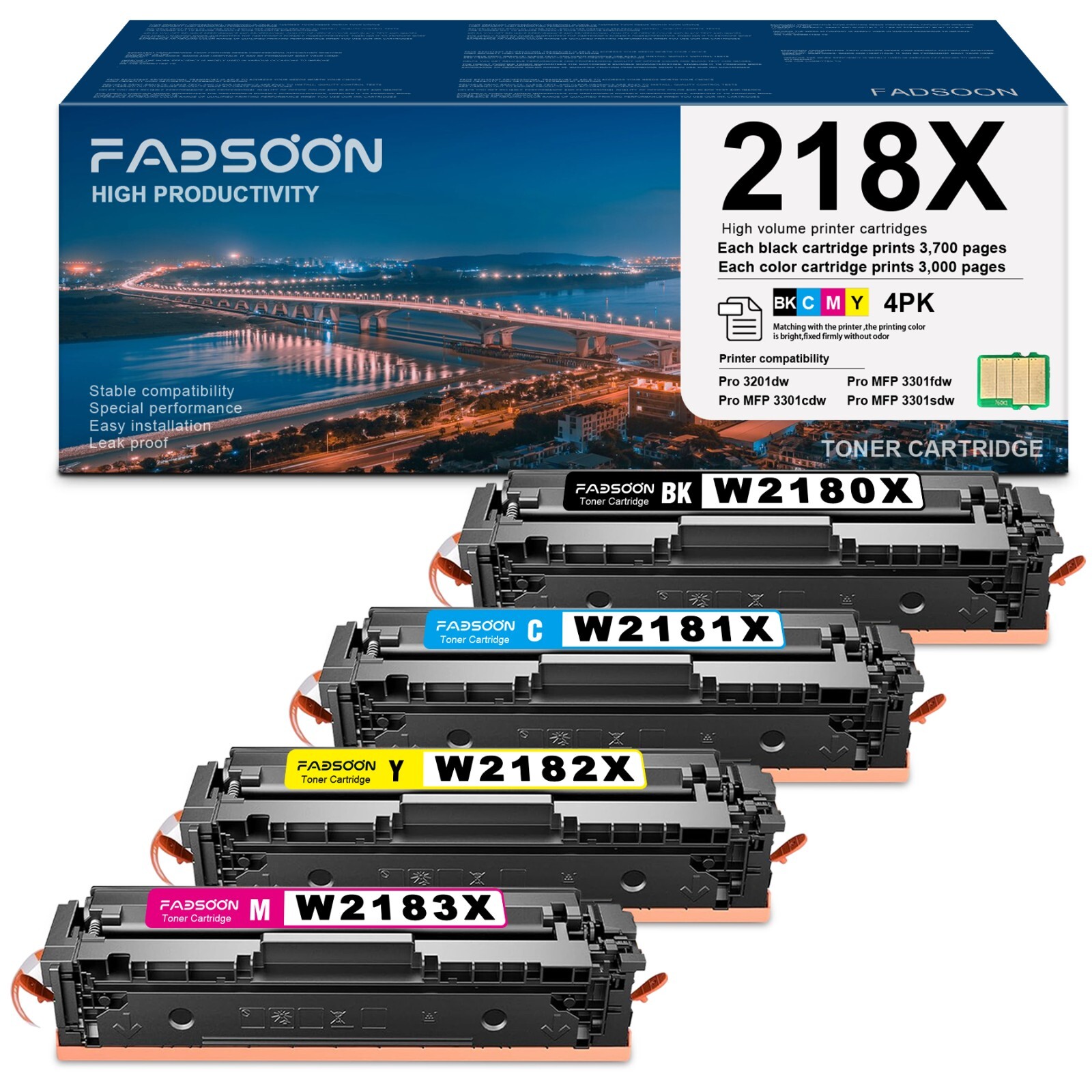 218X W2180X 4PK Toner With Chip for Color LaserJet Pro 3201dw MFP 3301cdw 3301fd