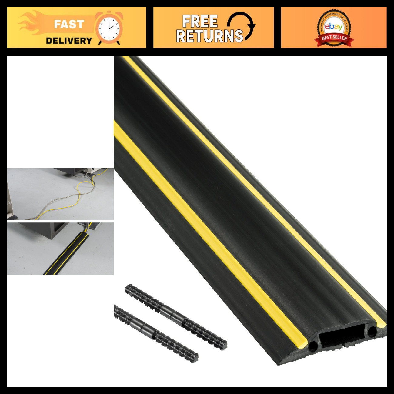 30ft Floor Cord Cover - Linkable Cable Protector, Heavy Duty Cord Hider, Black/Y