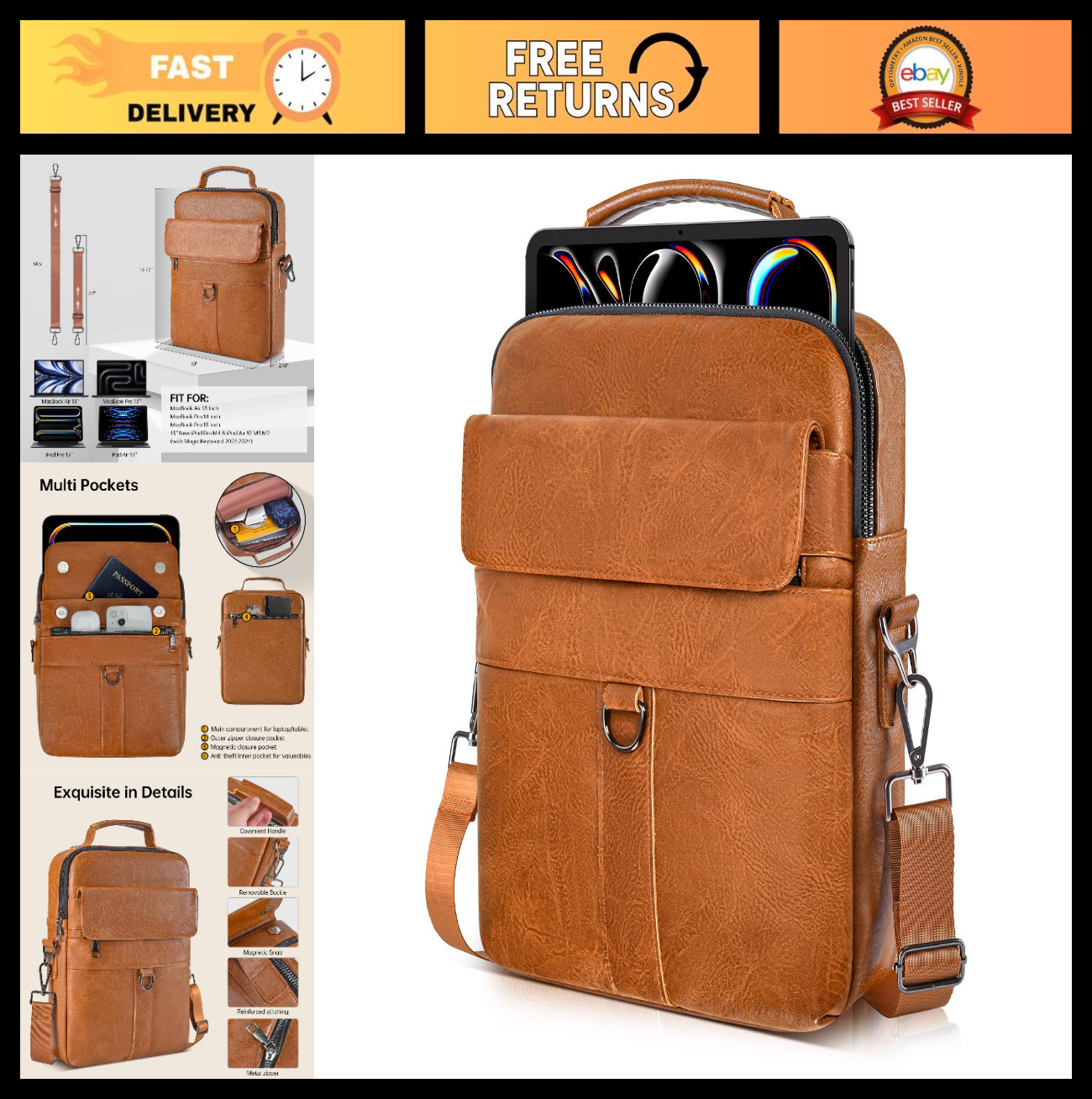 13" Leather Laptop Shoulder Bag Case for MacBook Air & Pro - Stylish, Durable, P