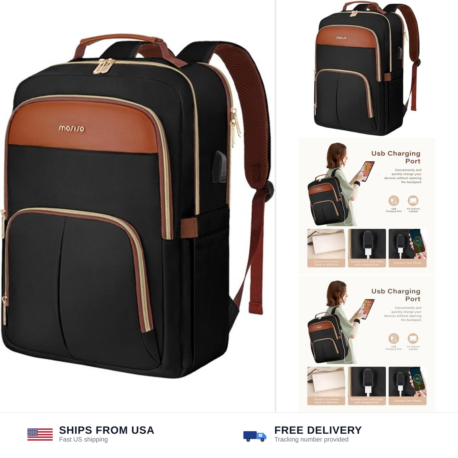 MOSISO Laptop Backpack for Women, 15.6 inch Laptop Bag with USB Charging Port...
