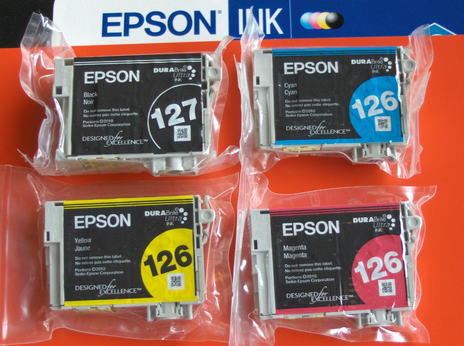 No Box 4 of Set GENUINE Epson 127 Black & 126 Color Ink Work Force 630 633 635 