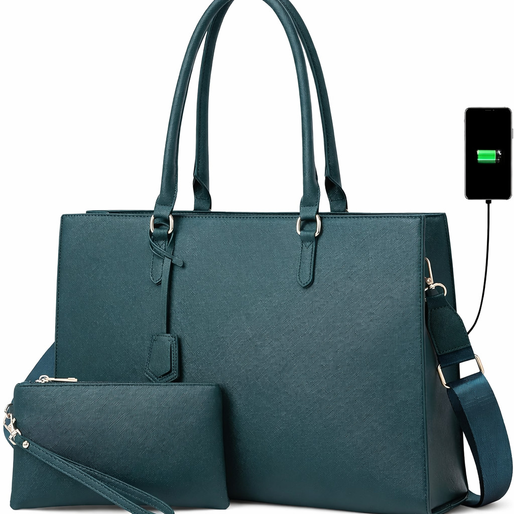 Laptop Bag for Women 17 inch Casual Work Bag with USB Charging Port - Dark Green