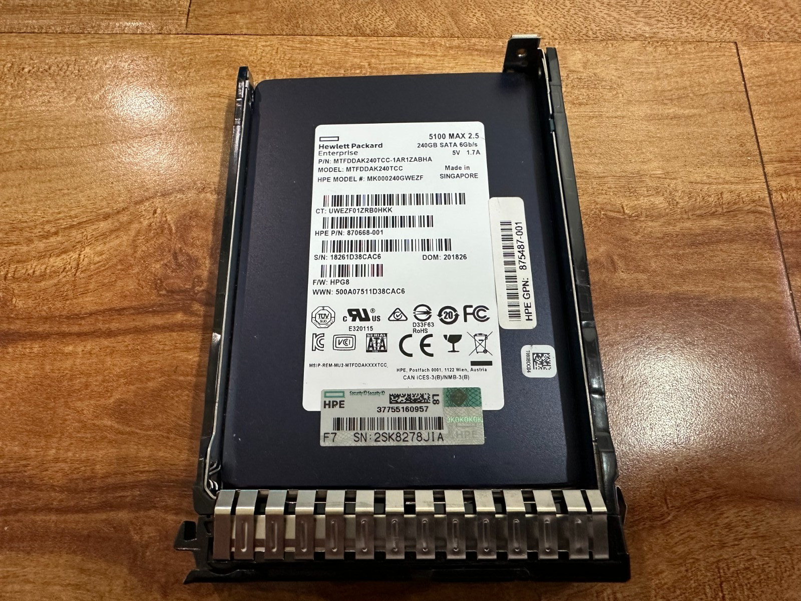HPE 870668-001 875483-B21 MTFDAK240TCC 5100 MAX 240GB 6Gb/s 2.5" SATA MU SSD