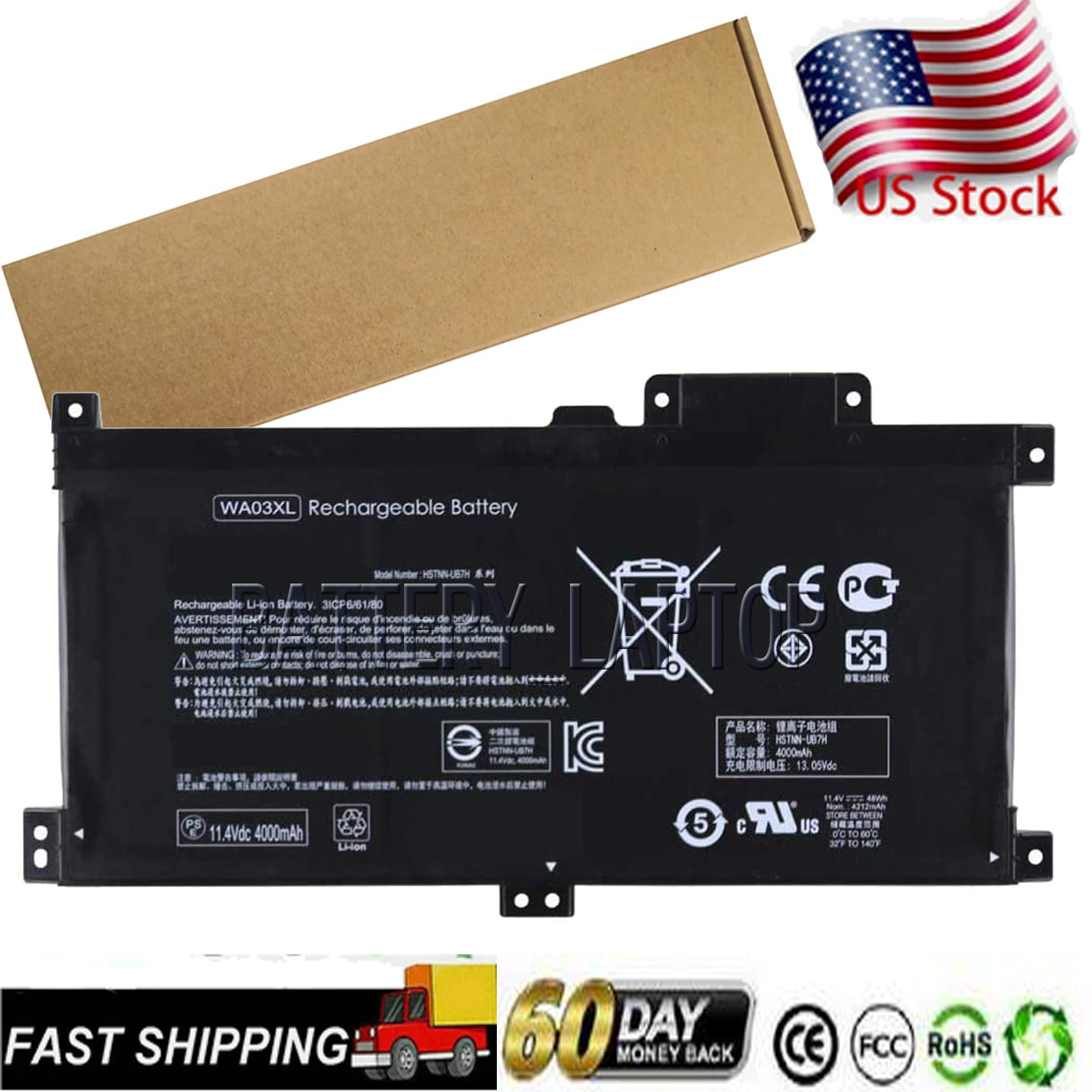 Battery WA03XL 11.4V Compatible with TPN-W126 HSTNN-UB7H 15-br001TX Laptop
