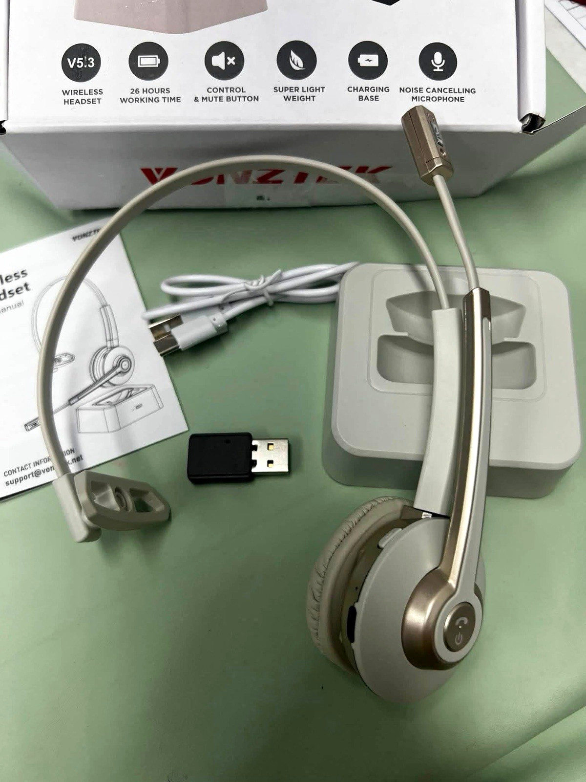 Vonztek Wireless Bluetooth Headset Boom Mic USB Dongle Charging Base White/Gold