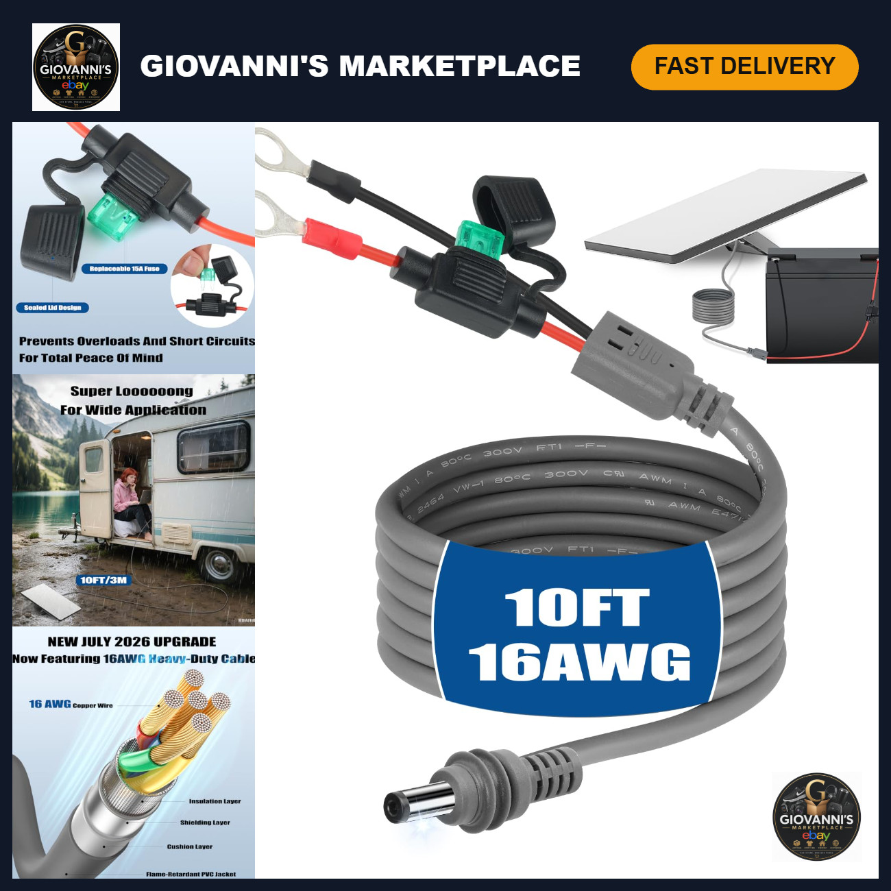 10FT 16AWG Waterproof Power Cable for Starlink Mini - Direct Car, RV, Marine Bat