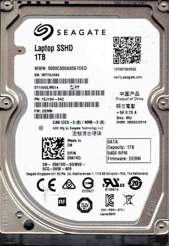 ST1000LM014 P/N: 1EJ164-042 F/W: DEMN WU W77 Seagate 1TB Laptop SSHD