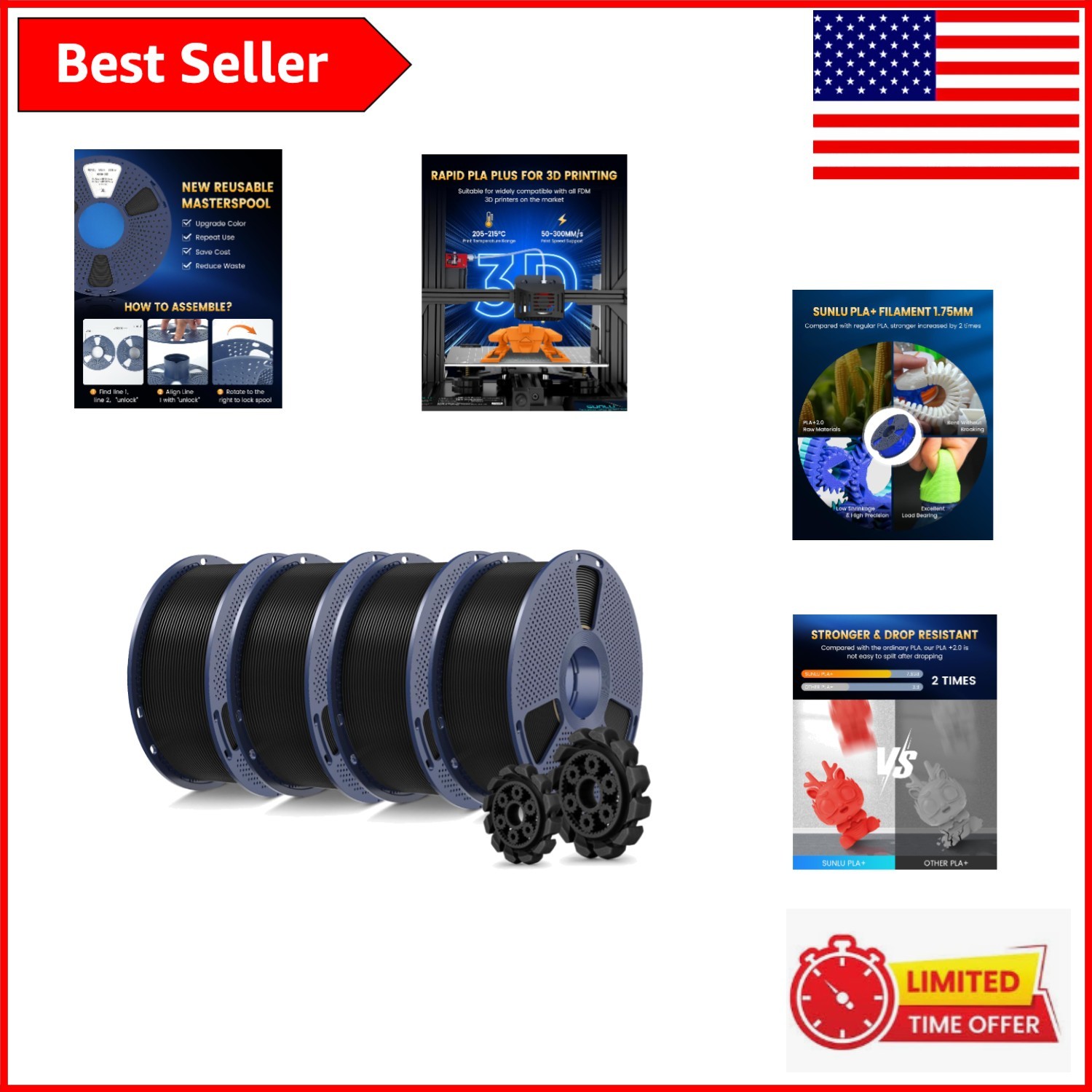 4KG Black PLA+ 2.0 Filament Pack - Durable & Fast Printing Capabilities
