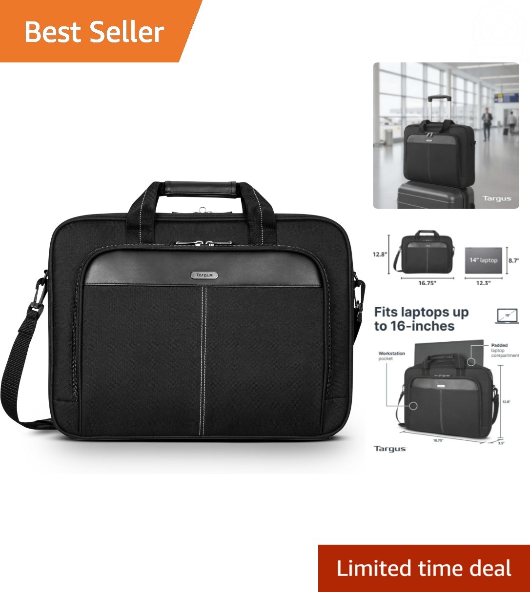 Durable Slim Laptop Case for 15-16” Devices - Black Messenger with Trolley Strap