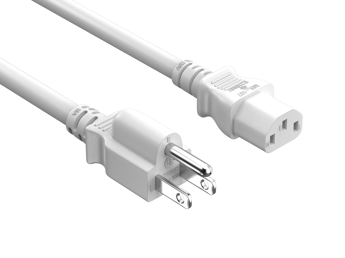 3ft NEMA 5-15P to C13 Universal  AC Power Cord 14AWG  SJT 15A/125V, White