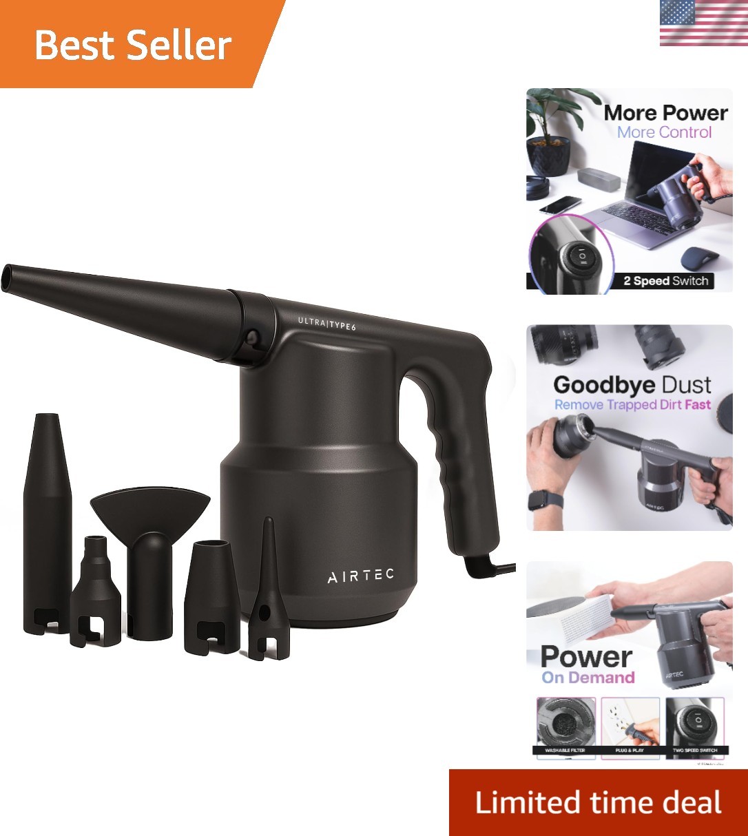 High-Performance Air Blower with 125mph Airflow & 6 Nozzles for Electronics