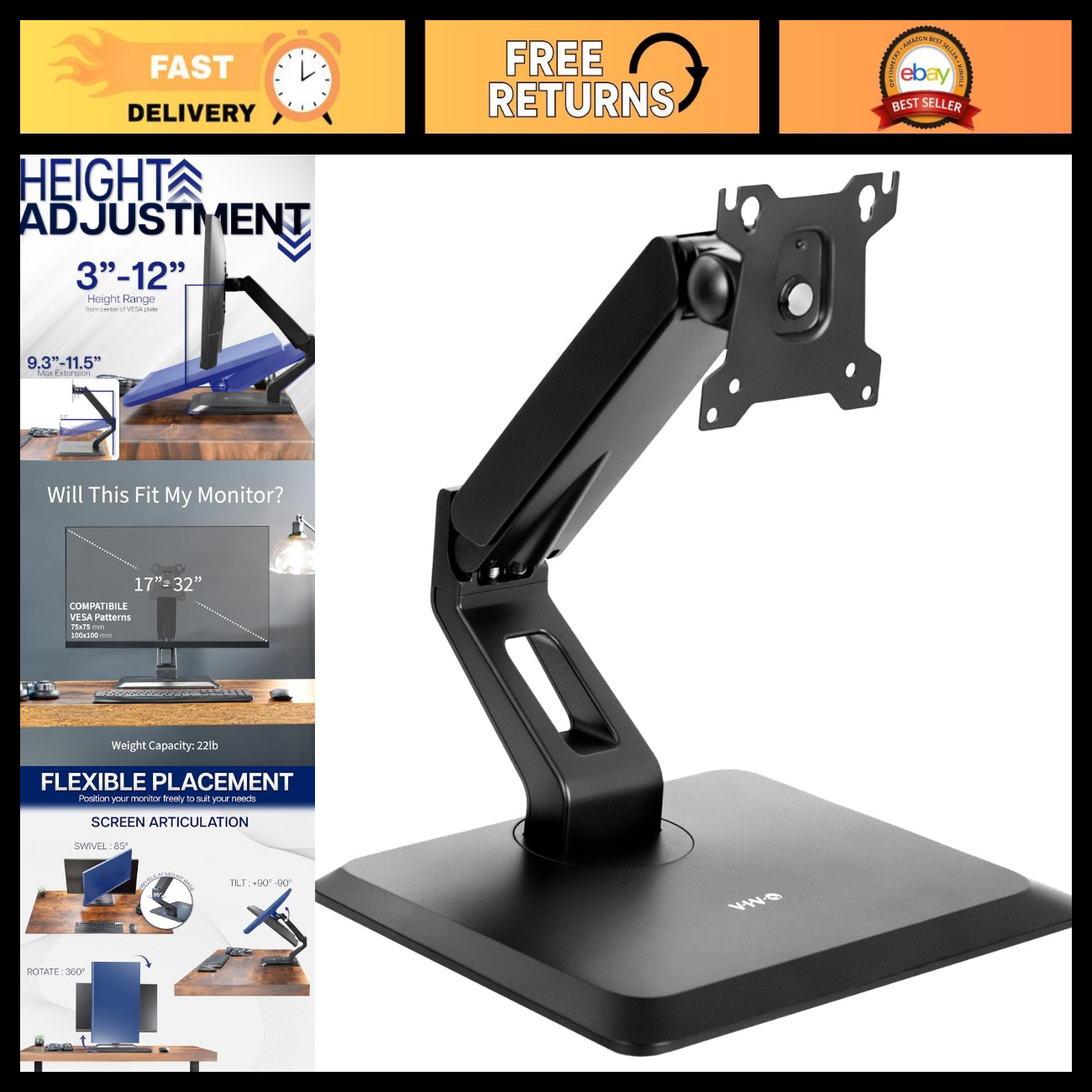 Premium Adjustable Monitor Stand for 17-32" VESA Screens, Rotating Base, Pneumat