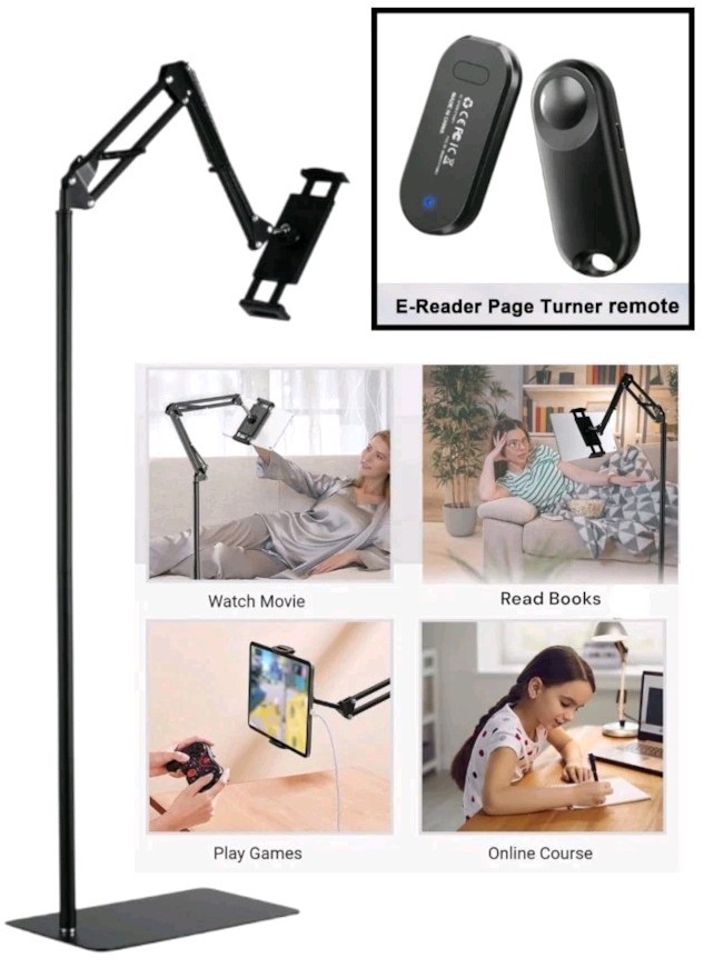 Tablet Floor Stand Metal Base Adjustable Arm iPad Galaxy Tab Kindle +Page Turner
