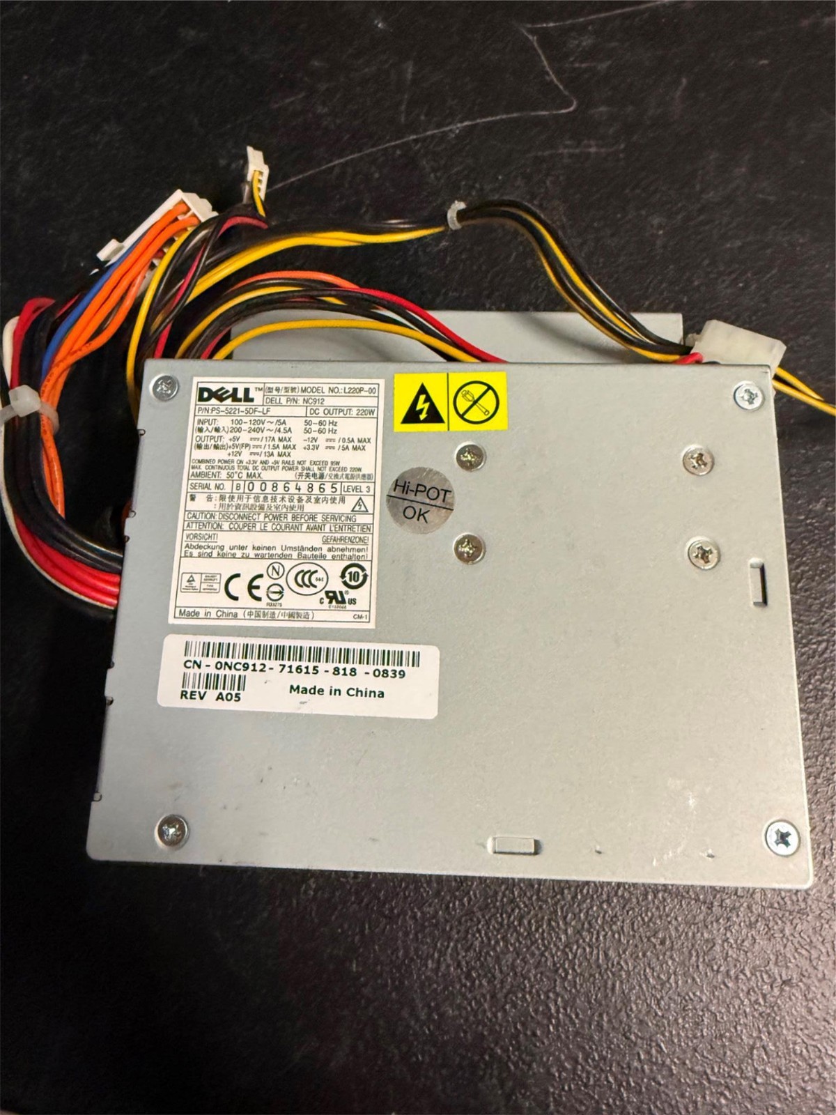 Dell 0NC912 220 Watt Power Supply Model L220P-00