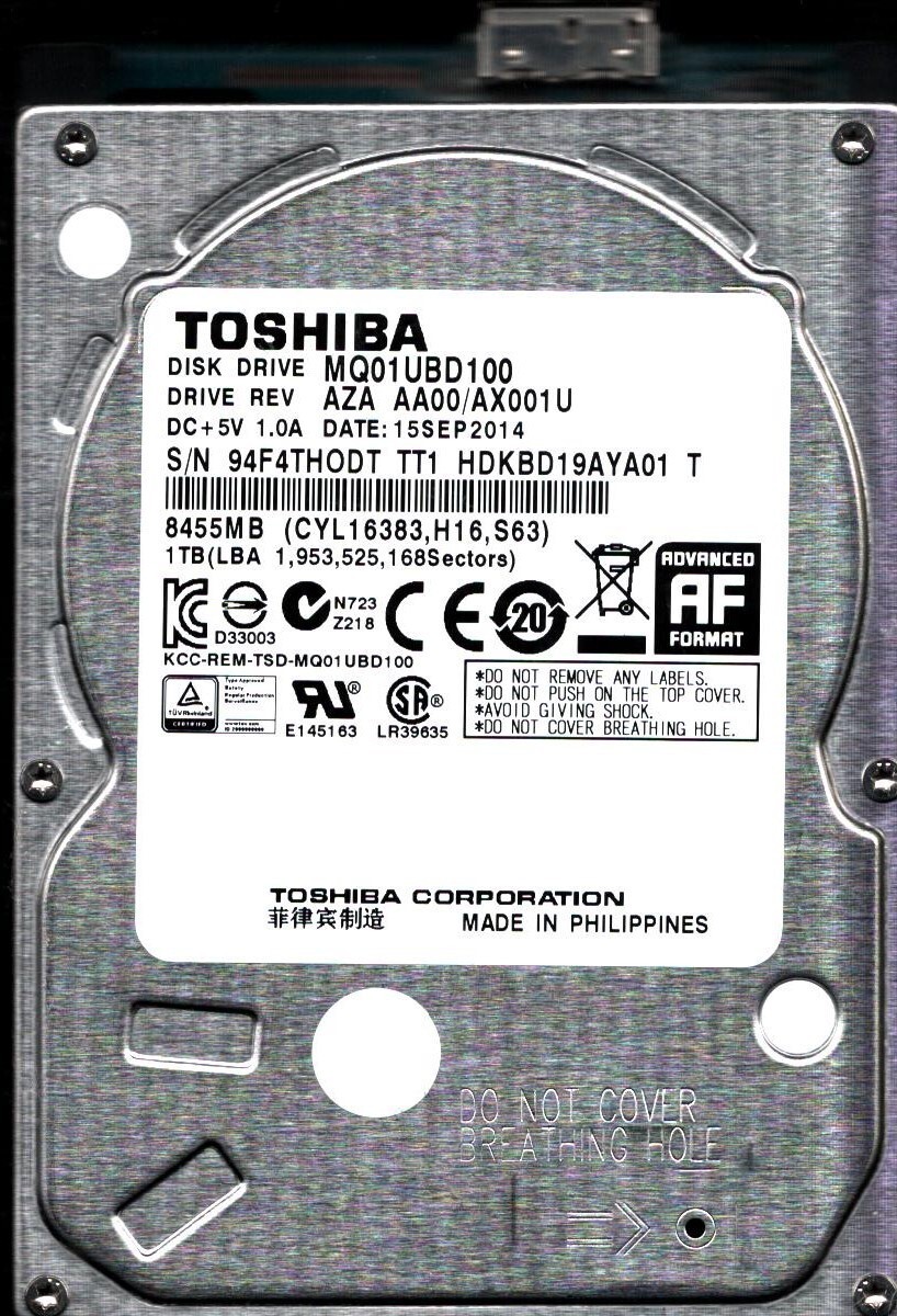 MQ01UBD100 HDKBD19AYA01 T  REV: AZA AA00/AX001U 1TB SEP 2014 PHILIPPINES TOSHIBA