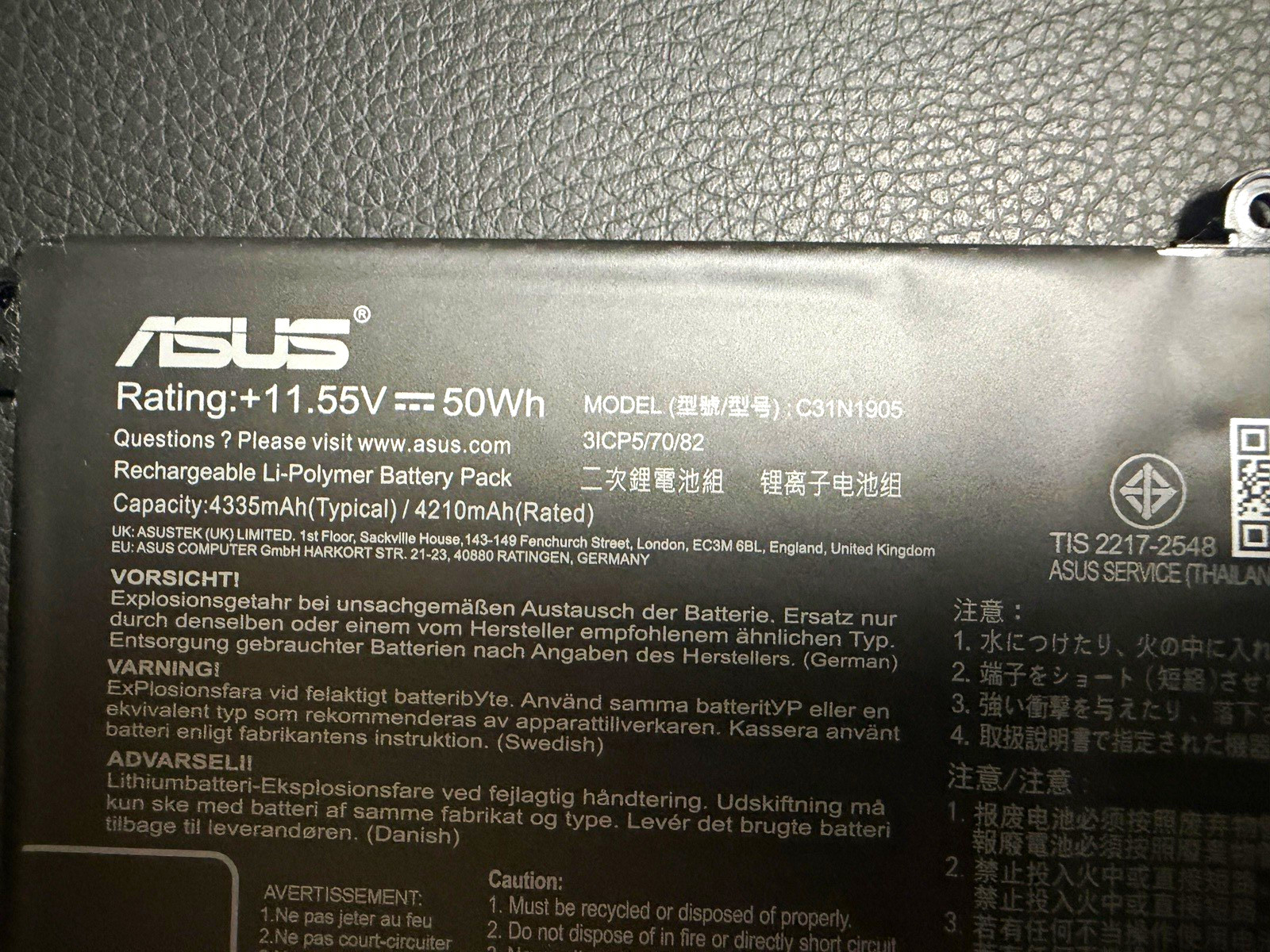ASUS C31N1905 Battery for ZenBook UX581GV UX581LV 11.55V 50Wh Black