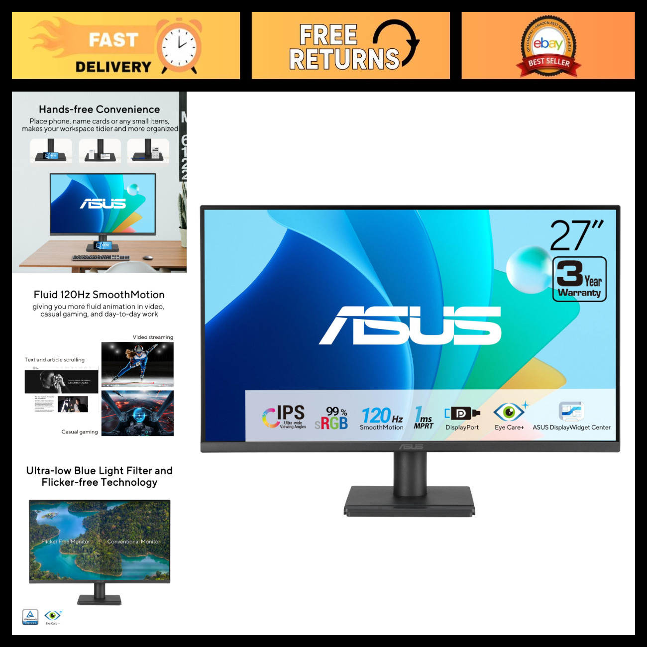 27" 1080P 120Hz Eye Care Gaming Monitor - HDMI & DisplayPort, Ultra-Slim Design