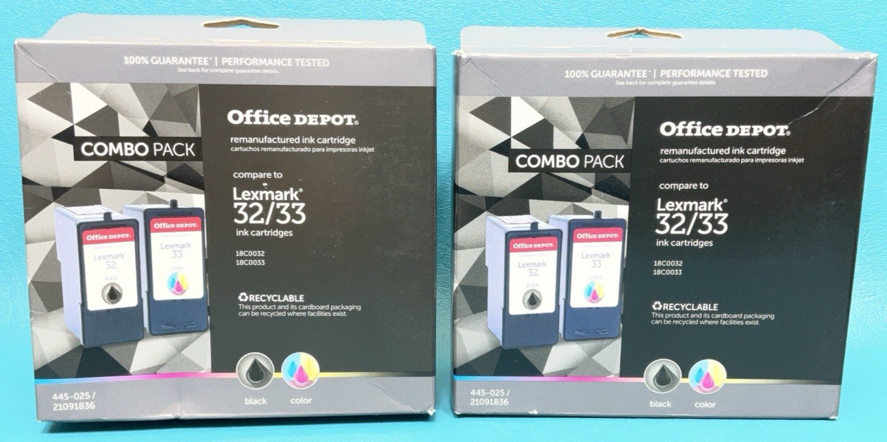 Lot of 2 - Office Depot Lexmark 32/33 Black, Tricolor Ink Cartridges Combo Packs