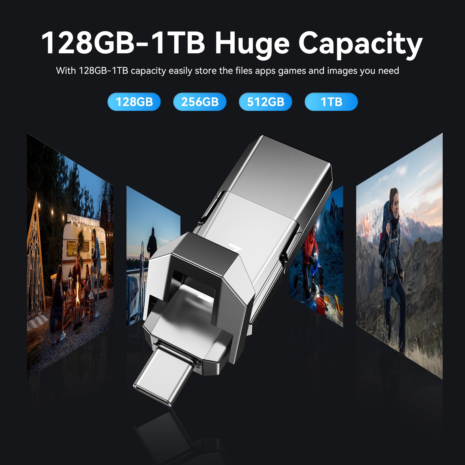 Kootion USB 3.2 Gen1 USB-C/ USB-A 128GB Metal Flash Drive Memory Stick PenDrive