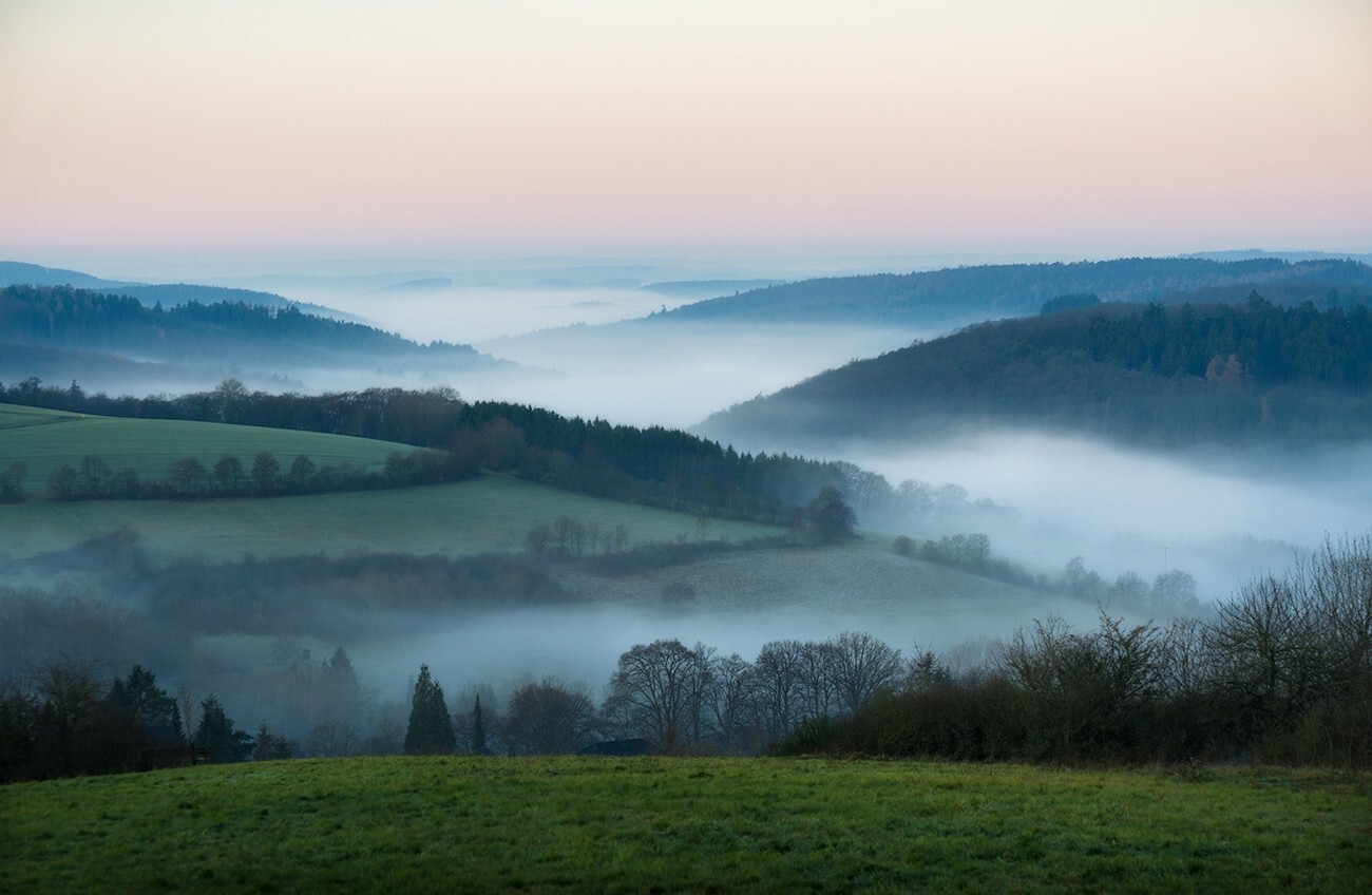 Landscape nature photography mist hills trees field Custom Gaming Mat Desk
