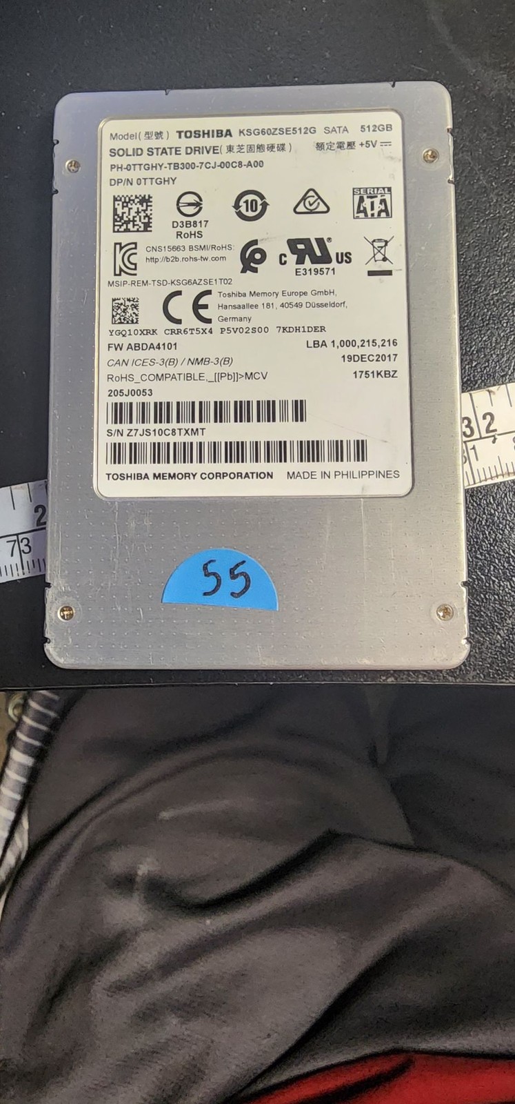 Toshiba KSG60ZSE512G 512GB SATA III SSD Solid State Drive 2.5in Internal Used