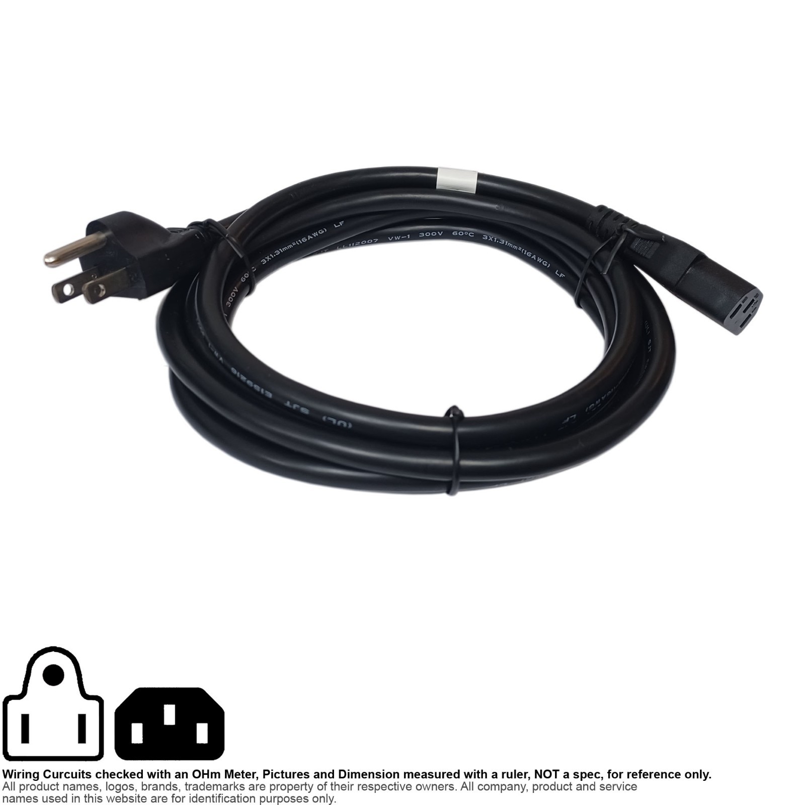 Cable AC Power Cord NEMA 5-15P IEC C13 Computer PC  6.5FT 18AWG SJT Shielded
