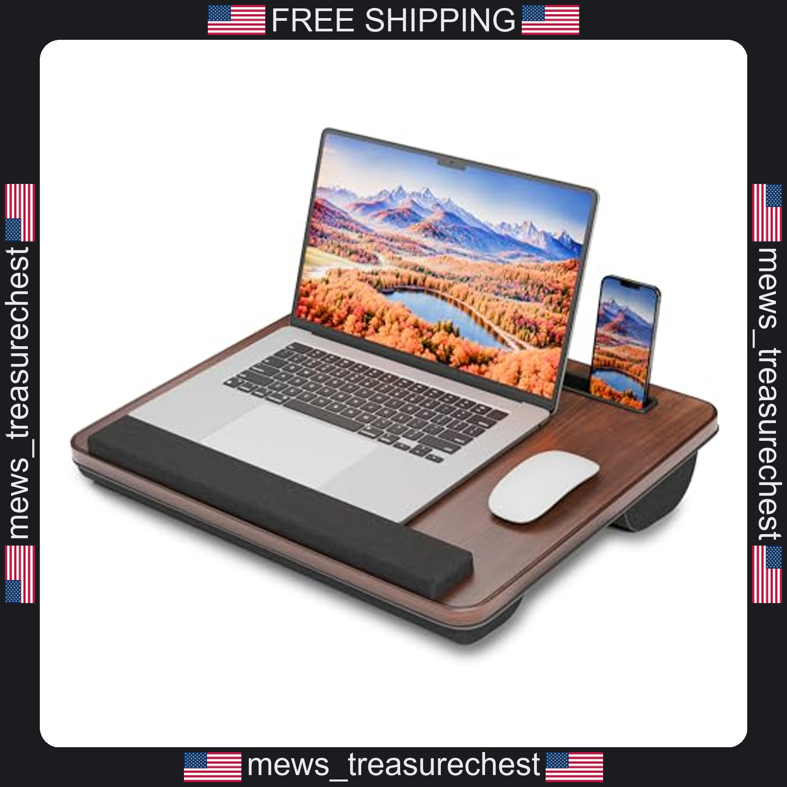 Laptop Lap Desk with Cushion for Up to 15.6-inch Laptops, Portable, Dark Brown