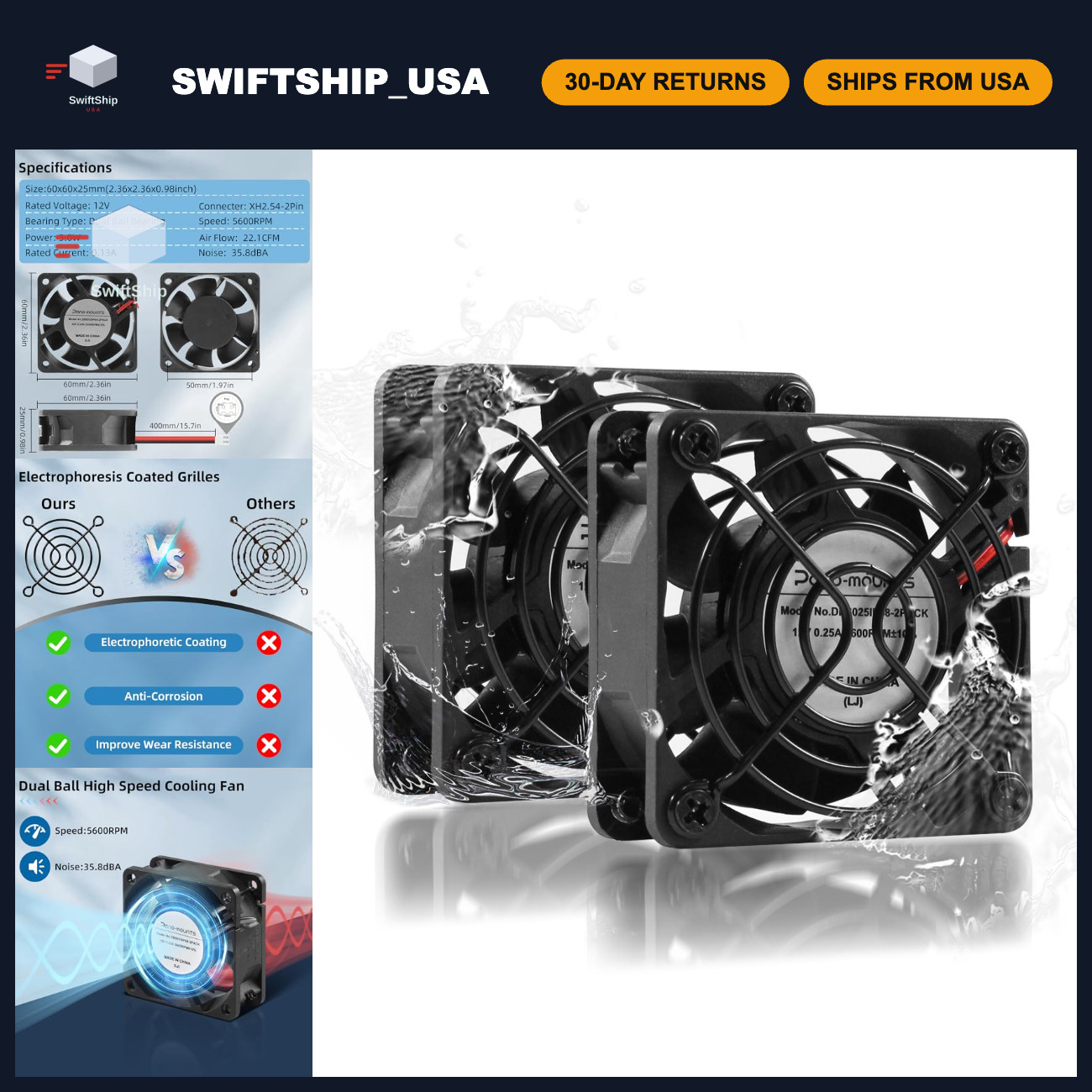 60mm 12V DC Waterproof IP68 Dual Ball Cooling Fan - 5600RPM, 2-Pack for PC