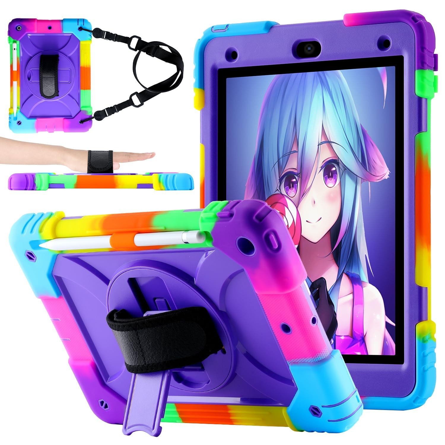 Vteutu Shockproof Shoulder Strap Case for iPad 9th/8th/7th Gen Colorful Purple