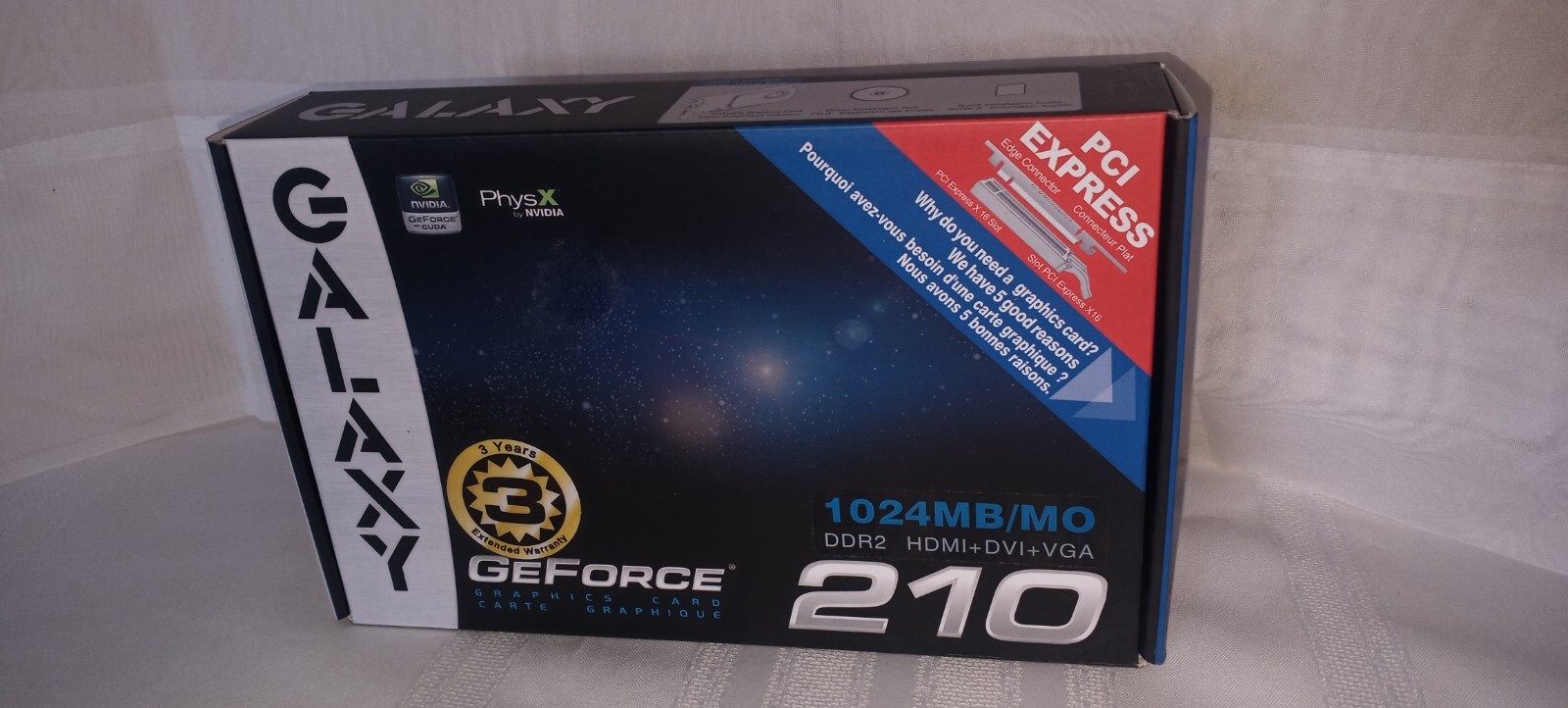 GALAXY 210 GEFORCE GRAPHICS CARD 1024MB/MO DDR2 HDMI+DVI+VGA, IN BOX, NEW/SEALED