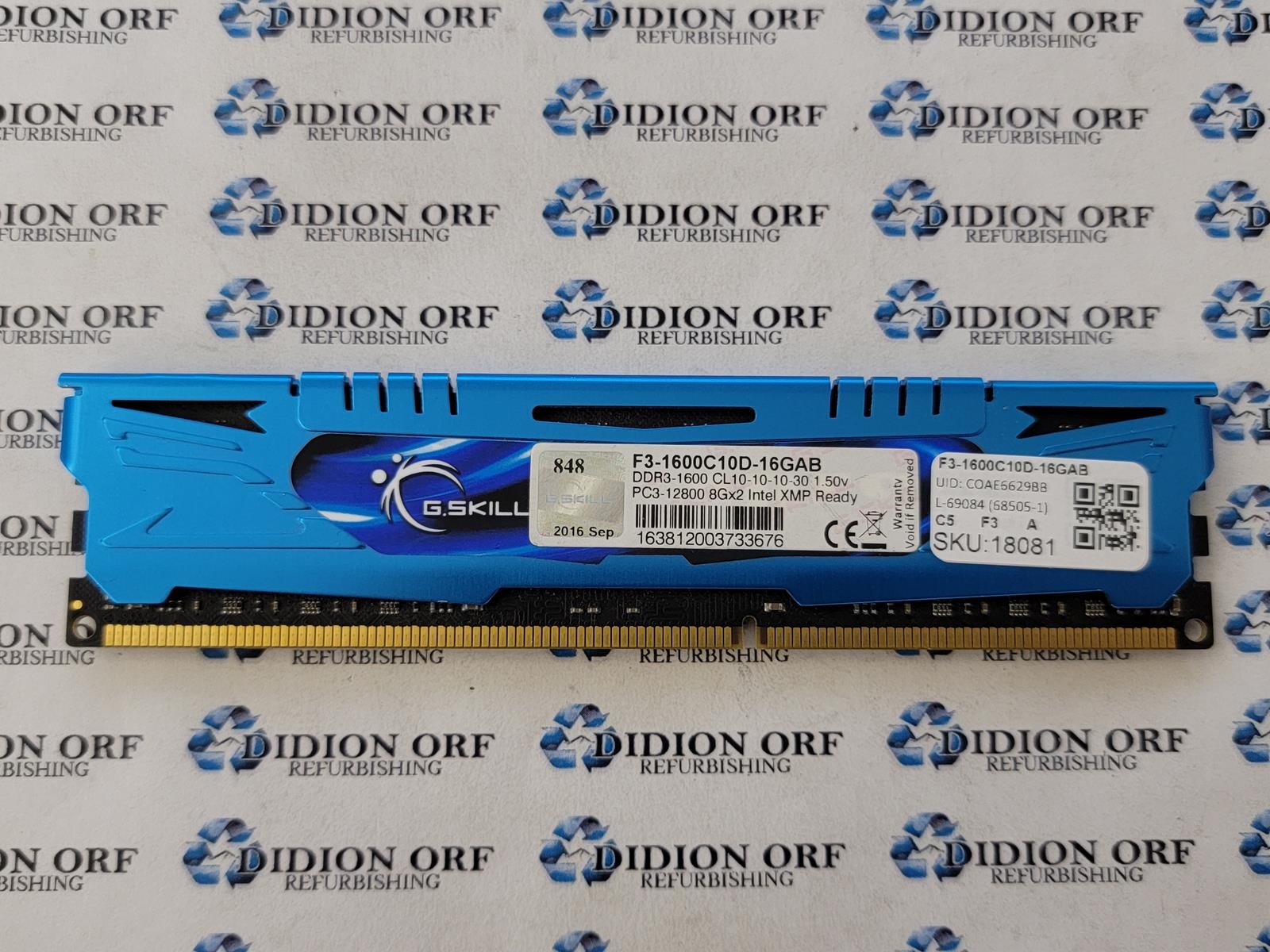 G.SKILL 8 GB DDR3 DESKTOP RAM PC3-12800 F3-1600C10D-16GAB, SKU 18081