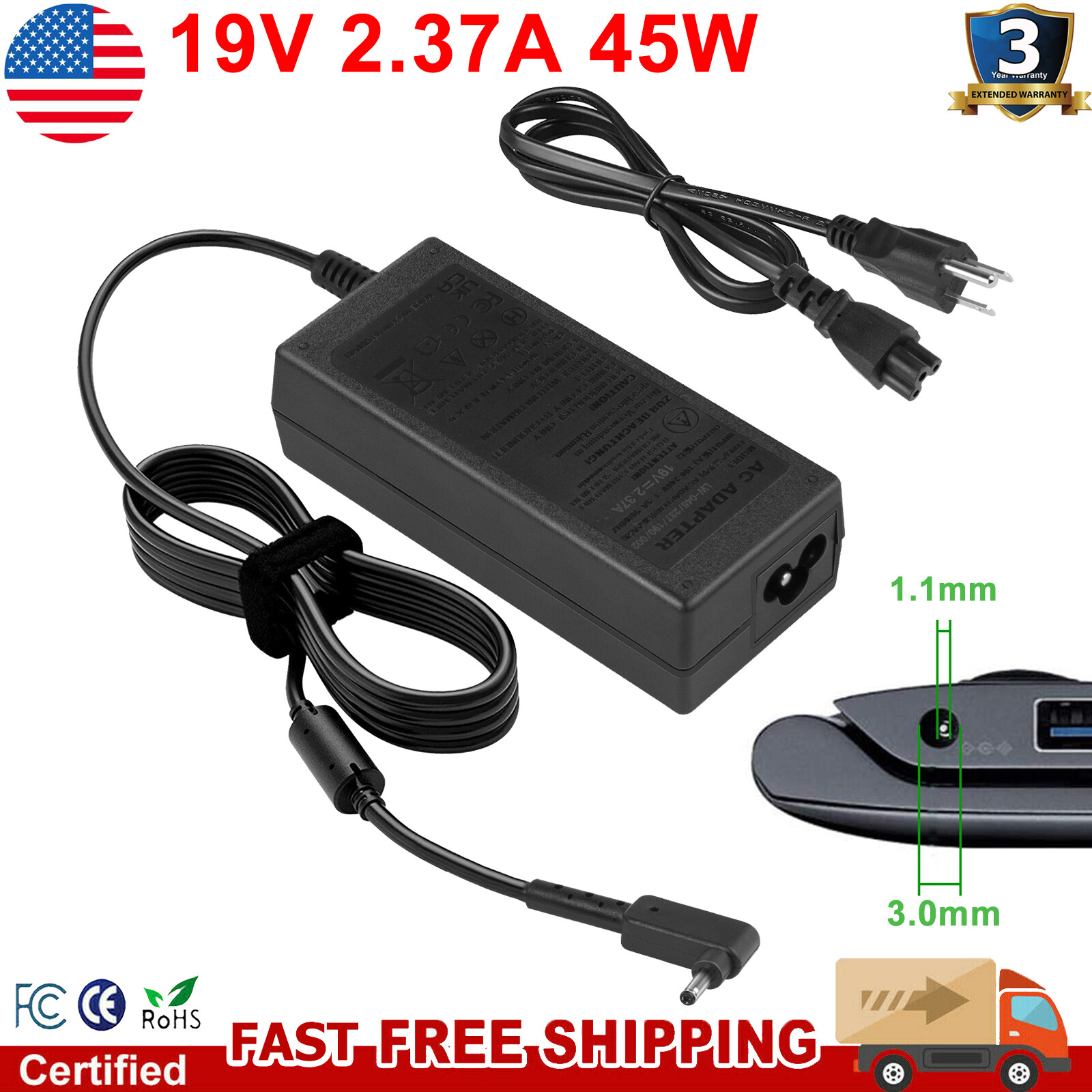 19V 2.37A 45W For Acer Laptop Charger AC Adapter Power Supply Cord 