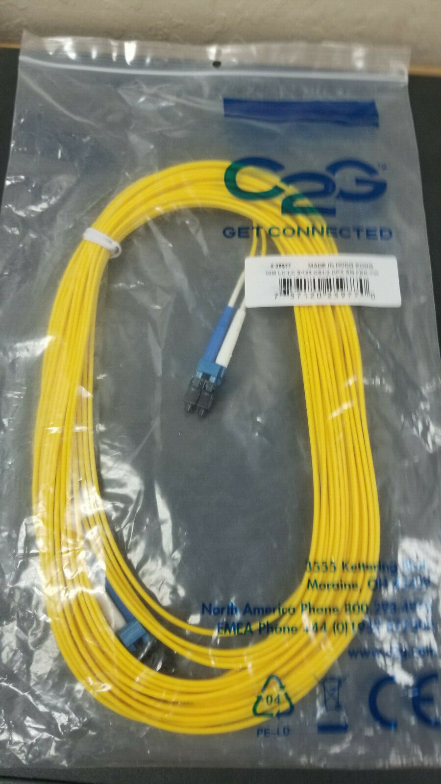 New C2G LC-LC 9/125 OS2 Duplex Single-Mode PVC Fiber Optic Cable 10M 25977