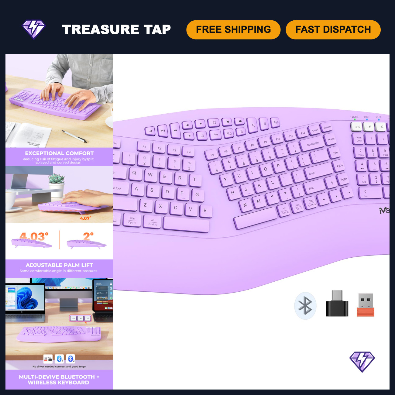 Ergonomic Wireless Bluetooth Keyboard, Multi-Device Full-Sized Split Design, Wri