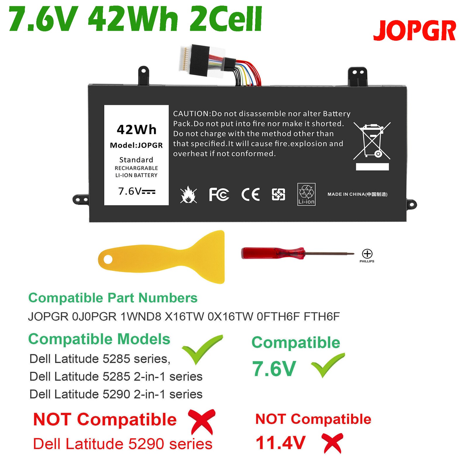 Battery J0PGR For Dell Latitude 5285 5290 E5285 2-in-1 T17G JOPGR RDYCT 7.6V 42W