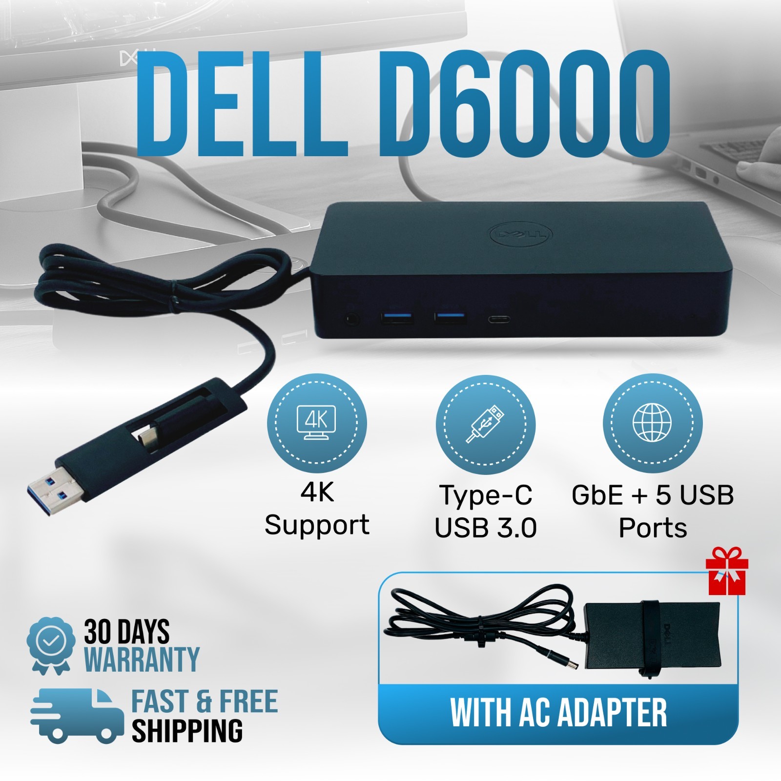 Genuine Dell D6000 Dual Display USB-C Universal Docking Station w/130W Adapter